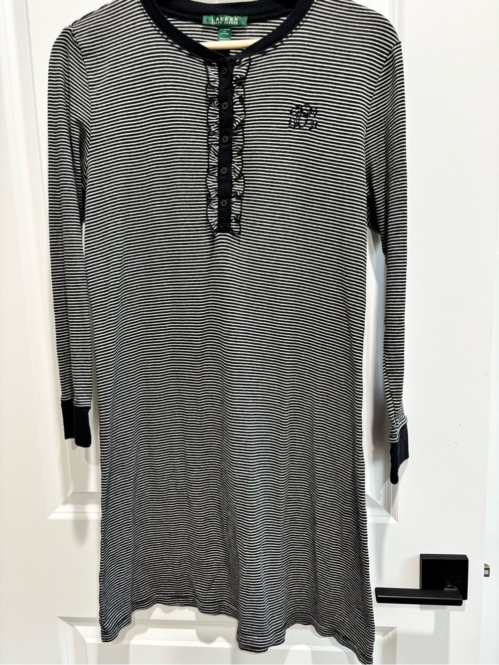 Lauren Ralph Lauren Black & White Striped Long-Sleeve Henley Nightshirt